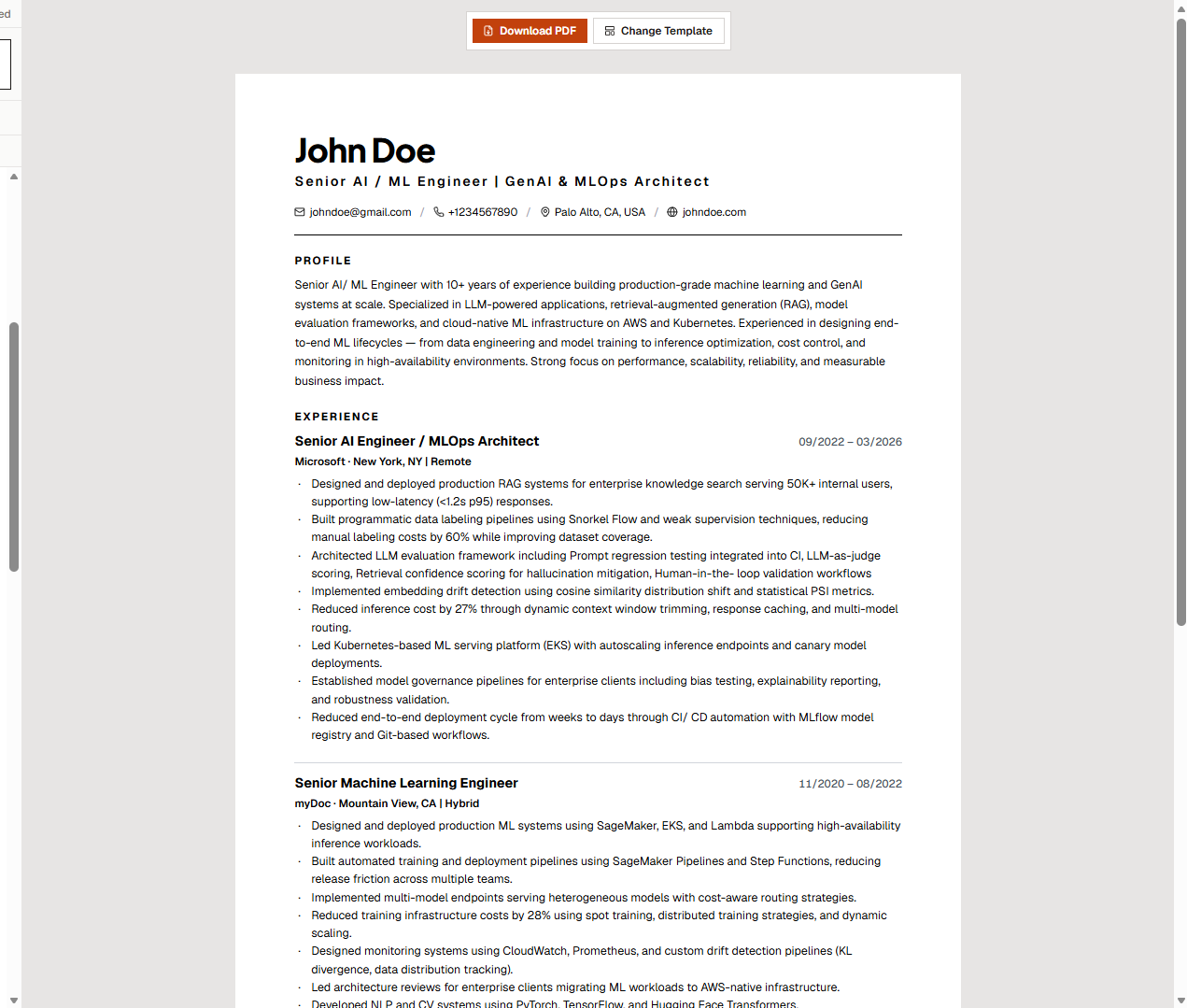 Exporting the finished CV to PDF from myDoc
