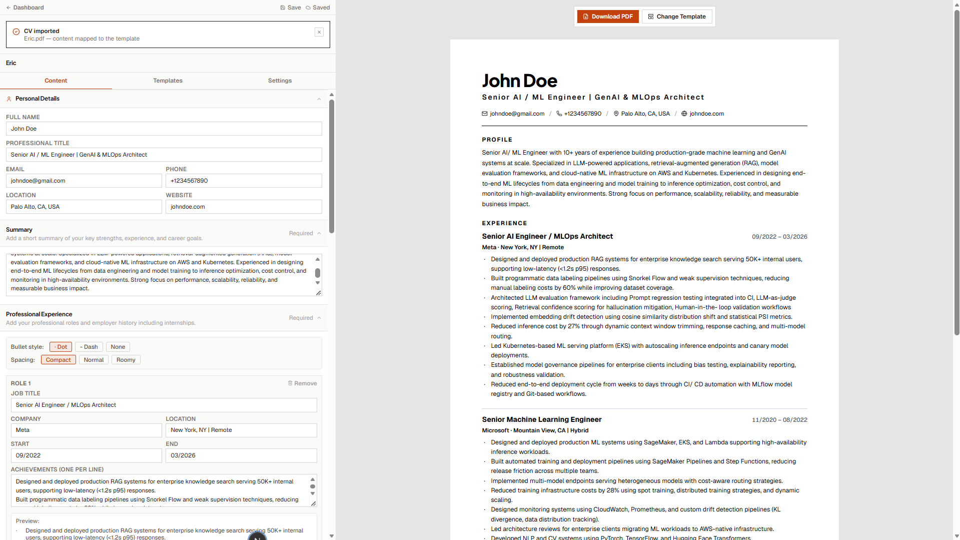 Reviewing extracted CV data in the myDoc editor
